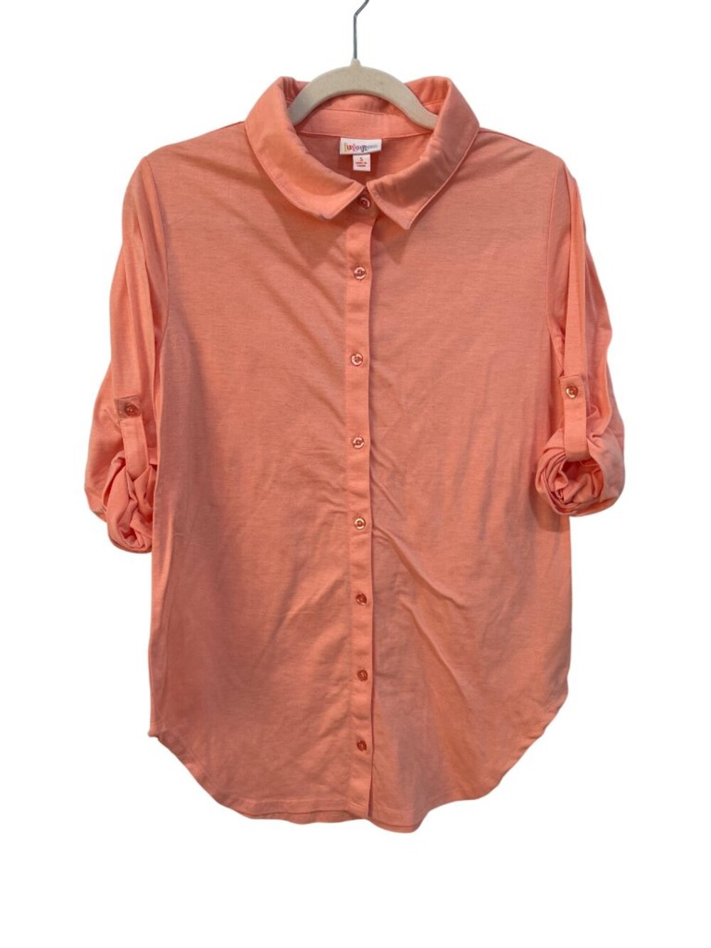 Lularoe Valentina Shirt Small Button Front Roll Tab Sleeve Career Peach Pink NEW